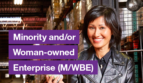 Smiling Asian woman with text on the left that says Minority and/or Woman-Owned Business Enterprise (M/WBE)
