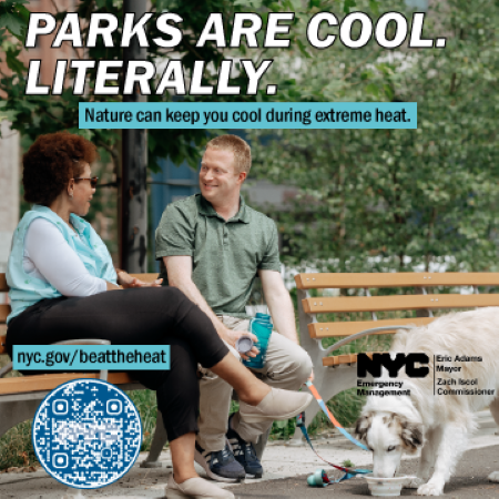 Two friends sit on a park bench in the shade with their dog. Text reads: Parks Are Cool. Literally. Nature can keep you cool during extreme heat.