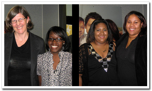 (Left) Deputy Commissioner Liz Roberts congratulates grand prize winner Lakisha Coburn. (Right) Karlene Karen Jacobs and her TASA case manager from Urban Strategies in Brooklyn, Khi-Lynn Johnson.