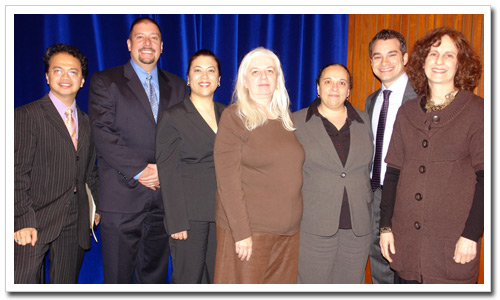 Panel members from left Dr. Angel Mendoza, Sgt. Salvatore Motta, Johanna Hernandez, Sue Fox, Bertina Capuano, Dr. Aaron Miller and Dr. Linda Cahill.