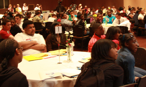 Some of the over 150 young people who attended the Network to Success May 7, 2008 networking event listen to a panel of entertainment professionals.
