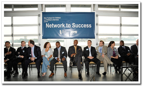 Network to Success panel members, left to right are: Dr. Marvell Scott, Francis Cuttita, George Pyne, Jennifer Carr, Cie-Jai Brown, Alonzo Mourning, Todd Jacobson, David Newman, Lynda Hamilton, Ron George, and Mark Crandall.
