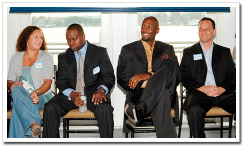 Former NBA star, Alonzo Mourning, third from left, with other panelists, from left Jennifer Carr, Cie-Jai Brown, and Todd Jacobson.