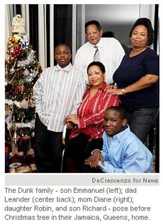 The Dunk family - son Emmanuel (left); dad Leander (center back); mom Diane (right); daughter Robin, and son Richard - pose before Christmas tree in their Jamaica, Queens, home. 