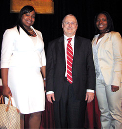 Graduate Representative speakers Latoi Luter (left) of Queens and Shawnae Hyde of Brooklyn with Children’s Services Commissioner John Mattingly after addressing the graduation ceremony for 265 new CPS held on March 3, 2008 at the Gerald W. Lynch Theater, John Jay College of Criminal Justice.