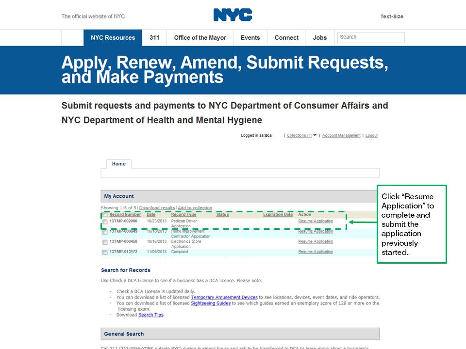 ... column click resume application to complete and submit the application