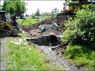 This photo depicts the installation of a Continuous Deflective Separation (CDS) Unit at Hunter Mountain that will capture and retain stormwater from parking lots.