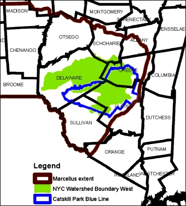 An overlay of the Marcellus Shale and NYC Watershed