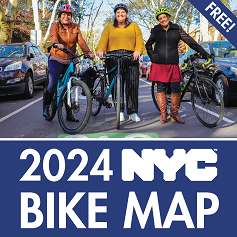 Cover the 2024 N Y C bike map featuring three female cyclists and the word free at the top of the image.