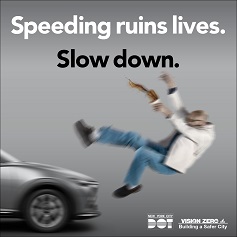 Blurred image of a person flying in the air after being hit by a car. Overlay text reads Speeding ruins lives. Slow down. The N Y C D O T and Vision Zero logos are placed on the bottom right hand corner.