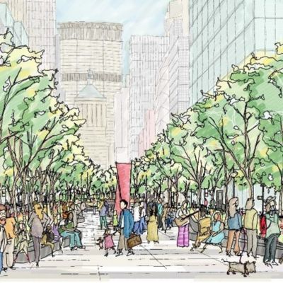 A drawing of Park Avenue with a wide tree-lined median and many pedestrians.