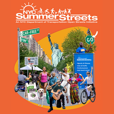 Orange image with the NYC Summer Streets logo and a montage of photos of people and pets enjoying free activities on a car-free street on a sunny summer day.