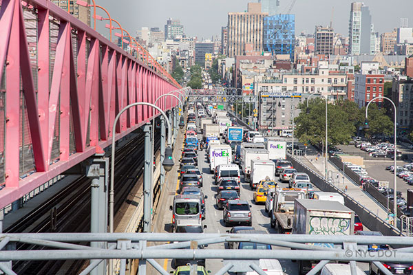 View of a bridge with bumper to bumper traffic