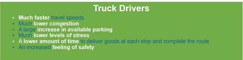 Truck Drivers: Faster travel speeds, lower congestion, increase in available parking, lower levels of stress, lower amount of time to deliver goods, increased feeling of safety. Truck Drivers: Faster travel speeds, lower congestion, increase in available parking, lower levels of stress, lower amount of time to deliver goods, increased feeling of safety.