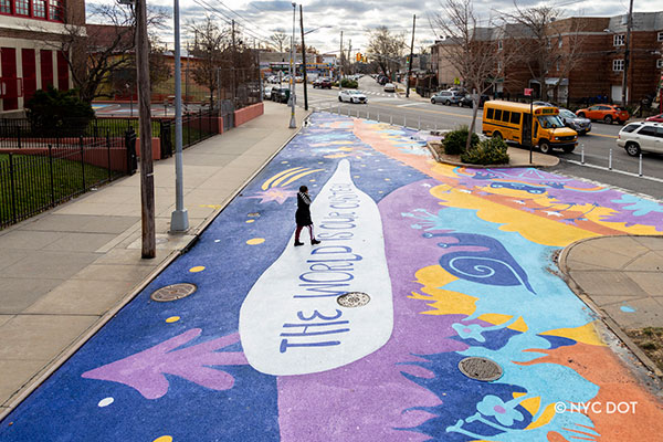 The World is Our Oyster by Carla Torres. Presented with DOT Pedestrian Projects Group and P.S. 69 Journey Prep. Thieriot Avenue between Soundview Avenue and Randall Avenue, Bronx The World is Our Oyster by Carla Torres. Presented with DOT Pedestrian Projects Group and P.S. 69 Journey Prep. Thieriot Avenue between Soundview Avenue and Randall Avenue, Bronx