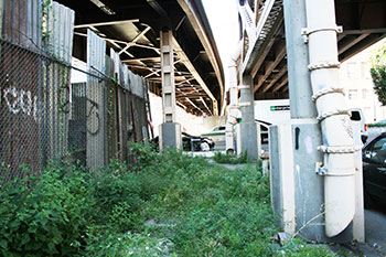 Below an elevated roadway, weeds fill the area between a rusty fence and a large support beam.
