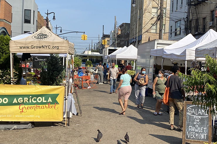 People shop at GrowNYC Farmer’s Market at Myrtle-Wyckoff Plaza in Ridgewood/Bushwick, Brooklyn/Queens
