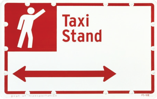 A white street sign with a person hailing a cab. Text reads Taxi Stand and an arrow pointing in both directions
