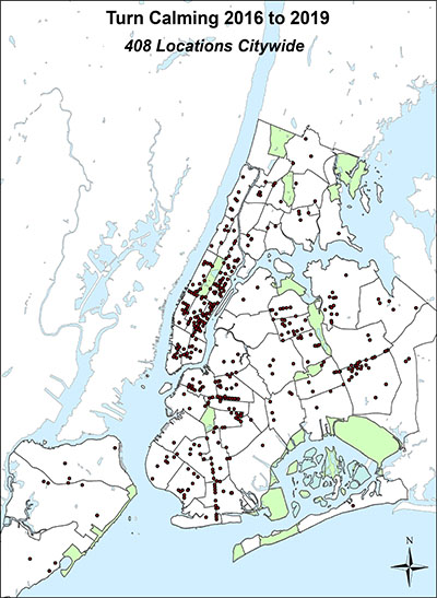 Map showing locations of Turn Calming treatments in NYC between 2016 and 2019. 408 Locations Citywide.