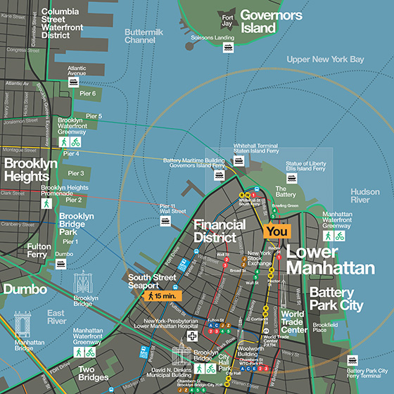 Graphic of a map showing streets and bike lanes in Lower Manhattan. Icons and text highlight where you are standing, and what’s within a 15 minute walk