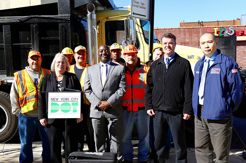 DOT Brooklyn Borough Commissioner Keith Bray, Assemblywoman Helene Weinstein and members of the Brooklyn Roadway, Repair and Maintenance (RRM) at Flatlands Avenue