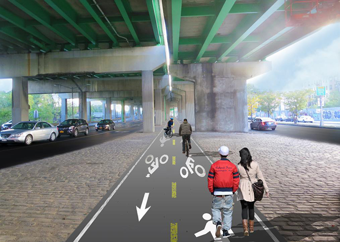 Rendering: Two-way protected bike path Rendering: Two-way protected bike path.