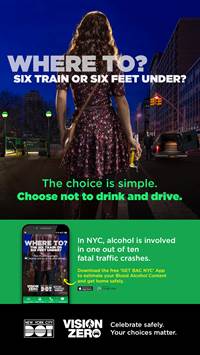 New York City Vision Zero ad campaign featuring a woman on the street holding a bottle of beer
