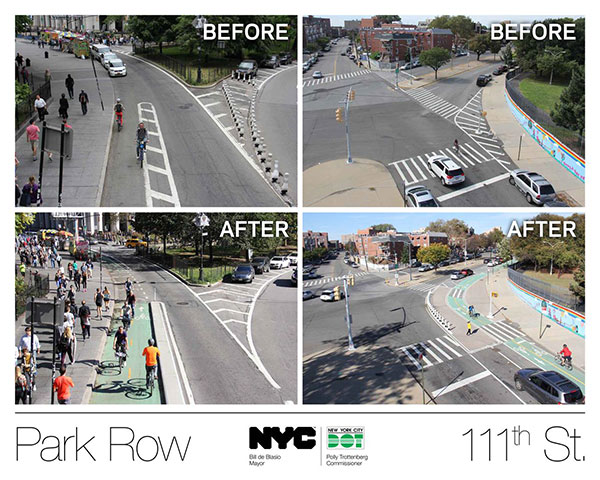Bike lane before and after images of Park Row and 111th St.