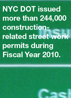 NYC DOT issued more than 244,000 construction-related street work permits during Fiscal Year 2010.
