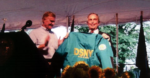 Commissioner Doherty presented the Mayor with his official D.S.N.Y. jacket at the Mayoral barbecue