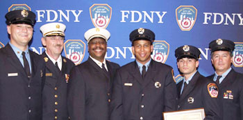 Three veteran firefighters, who graduated from the Academy together in 1979, gathered again for the graduation of their sons on September 12. (L to R) FF John Norman, Jr., Chief John Norman, retired BC Philip Parr, FF Paul Parr, FF Anthony D&rsquo;Amico and retired FF Joseph D&rsquo;Amico.