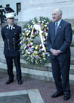 Fire Commissioner Nicholas Scoppetta and Chief of Department Salvatore Cassano lay a wreath at the Firefighter&rsquo;s Memorial in Manhattan