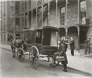 Surgeon "mounting up" on a horse-drawn ambulance