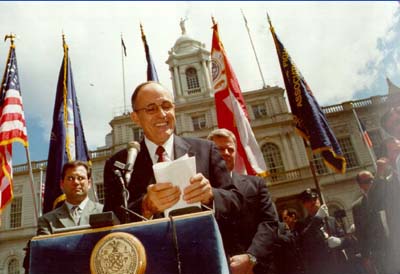 Mayor Giuliani addresses the crowd at the 2000 Medal Day Ceremony 