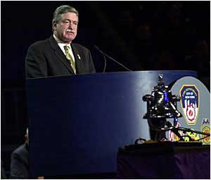 Harold Schaitberger, General President of the International Association of Fire Fighters addresses crowd at Madison Square Garden.