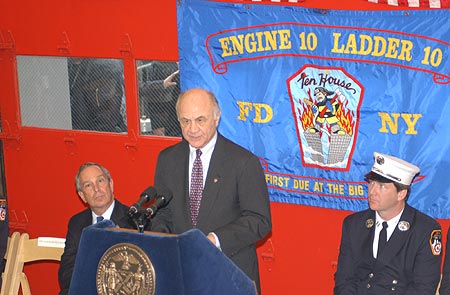 Fire Commissioner Nicholas Scoppetta addresses the audience at Engine 10 and Ladder 10 in downtown Manhattan