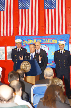 Mayor Michael R. Bloomberg addresses the audience at the official Re-opening of Ladder 10 and Engine 10 in downtown Manhattan.