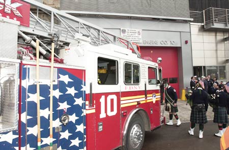 Tower Ladder 10 stands proud at the official re-opening of Engine 10 and Ladder 10 in downtown Manhattan.
