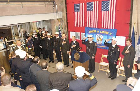 Fire Department members and officials gather for the official Re-opening ceremonies of Ladder 10 and Engine 10 in downtown Manhattan.