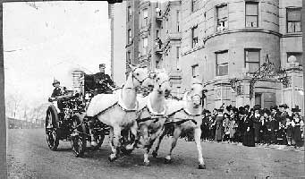 Engine 80 being pulled by three horses