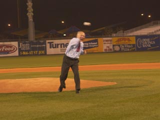Annual FDNY Vs. NYPD Baseball Game- Fire Commissioner Nicholas Scoppetta throws out the first pitch.