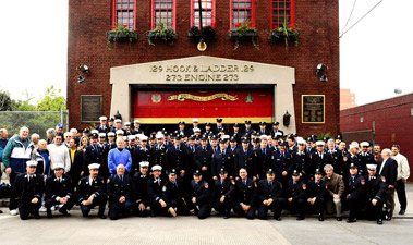Numerous past and present members gathered at Engine 273 and Ladder 129 in Flushing, Queens, for the centennial ceremony.