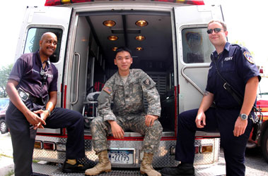 West Point Cadet Ty Lin (center) shadowed two FDNY EMTs - Kevin Stringfield (left) and Erik Korzeniewski from Station 10.