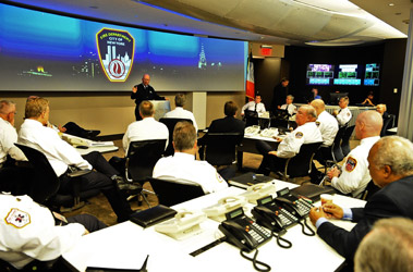 General Gene Renuart addresses FDNY commissioners and chiefs in the Fire Department Operations Center.