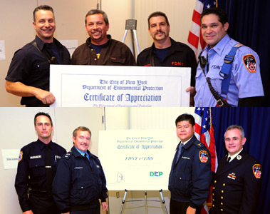 Top photo (L to R) Firefighter Edward Reilly from Rescue 4, Bob Hubert from Synagro Technologies, Firefighter Vincent Brindisi from Rescue 4 and Lt. George Torres from Rescue 4. The firefighters applauded Mr. Hubert for his help and diligent work during the rescue in September. Bottom photo (L to R) Paramedic Joseph Ruiz of Station 57, Lt. Michael McCarthy of EMS Station 32, Division Medical Director Dr. Glenn Asaeda and Deputy Chief Jonathan Pistilli of EMS Divison 3