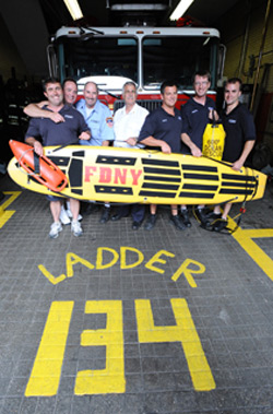 The members of Ladder 134 with their surf rescue equipment (L to R) FF Bill Burns, FF Kevin Sokol, Lt. Walter Rogers, Chief Jerry Esposito, FF Randy Eichin, FF Mike Ormiston and FF David Doxsey.