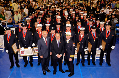 Mayor Michael Bloomberg, Fire Commissioner Nicholas Scoppetta and Chief of Department Salvatore Cassano with the 2009 FDNY Medal Day winners.