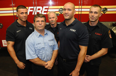 Members of Ladder 59 (L to R) Firefighter Nicholas Brisotti, Lt. Joseph Ginley, Firefighter Thomas O'Shea, Firefighter David Daly and Firefighter Cody Baker.