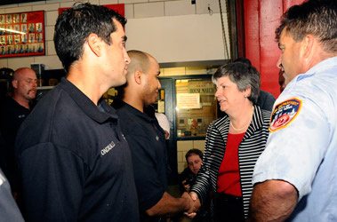 Firefighter Cesar Perez meets Secretary of Homeland Security Janet Napolitano (L to R) Rich Rattazzi, Victor Leoncavallo and Capt. George Ambrosini.