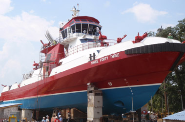 The FDNY's new fireboat, Three Forty Three, at the Eastern Shipbuilding Group shipyard in Panama City, Fla.